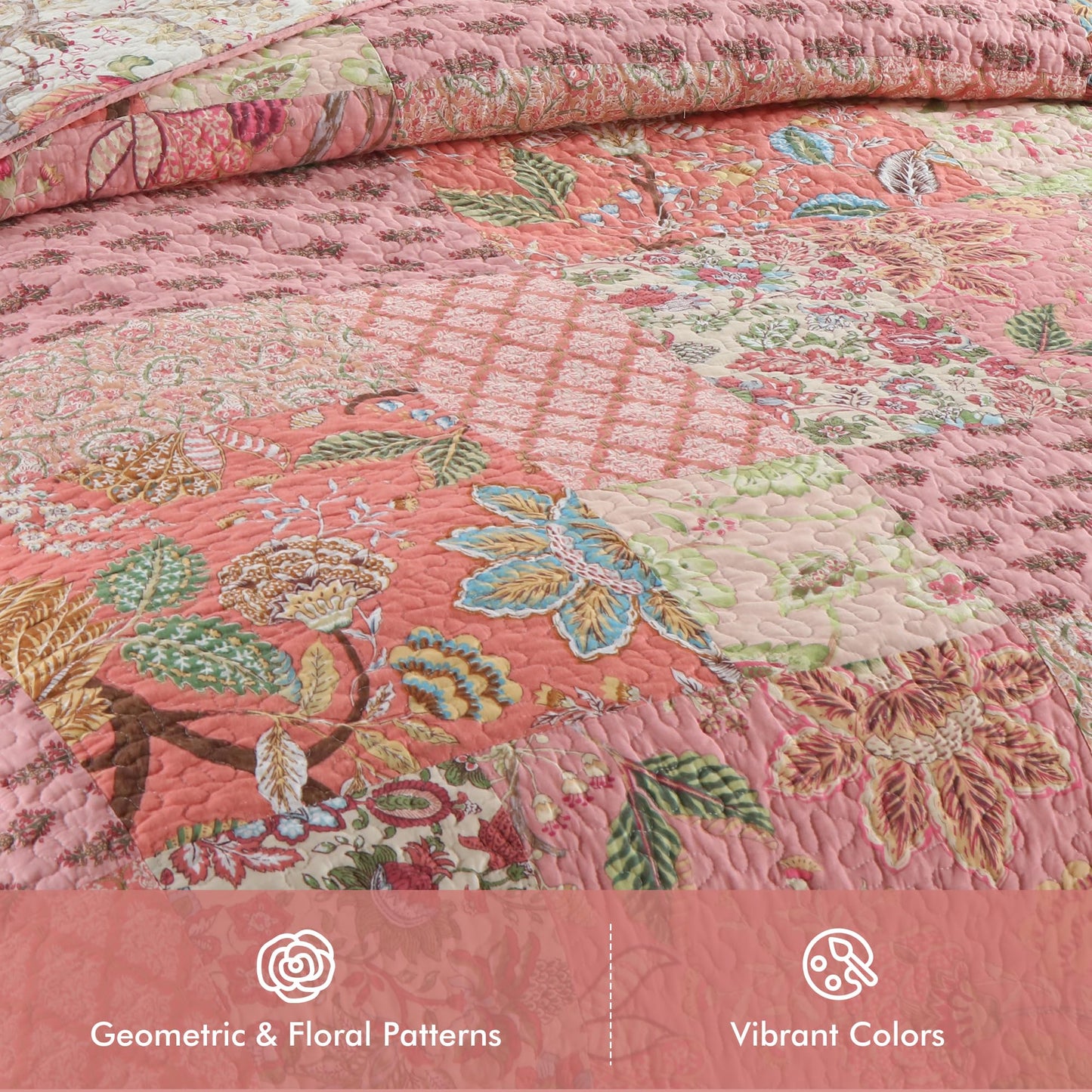 Etwel 100% Cotton Patchwork Queen Size Quilt Set - Lightweight Breathable Reversible Bedspread for Hot Sleepers, Farmhouse Bedding Set with 2 Pillow Shams for All Season (90"x90", Pink Floral)