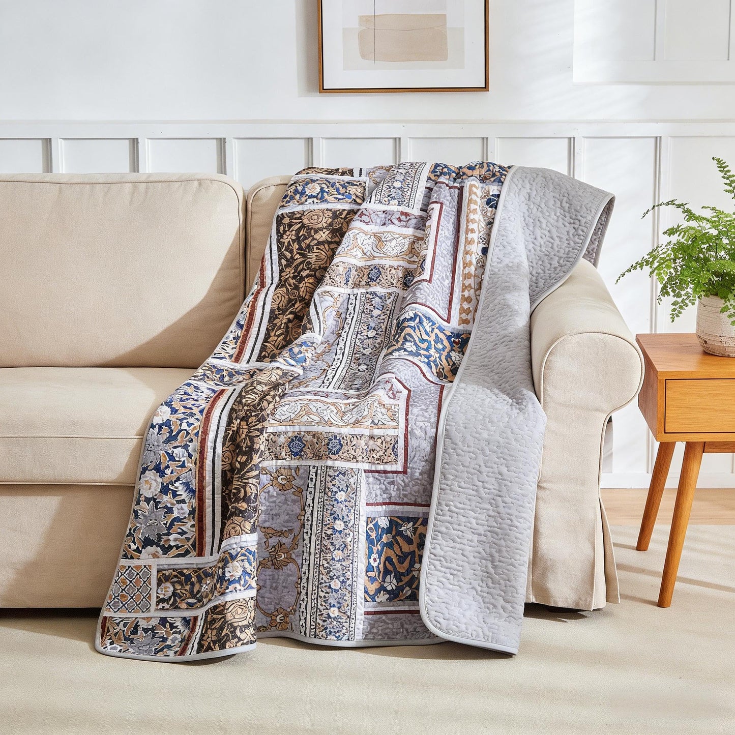Floral Boho Quilts Queen Size Bedding Set Grey 3 Pieces Spring Farmhouse Botanical Summer Bedspreads with 2 Shams Soft Reversible Lightweight Breathable Coverlet Set for All Season (Grey, Queen)