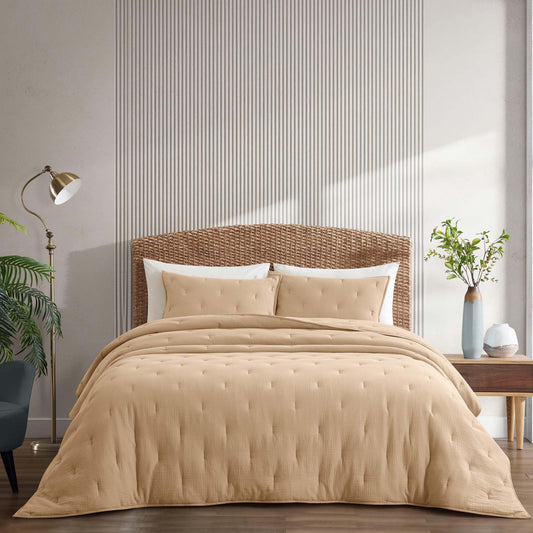 COZYXWORLD Pre-Washed 100% Cotton Muslin Gauze Comforter Set, 3 Piece Full/Queen Quilt Set, Duvet Insert with Corner Loops, 1" Line Quilted, Dune Beige