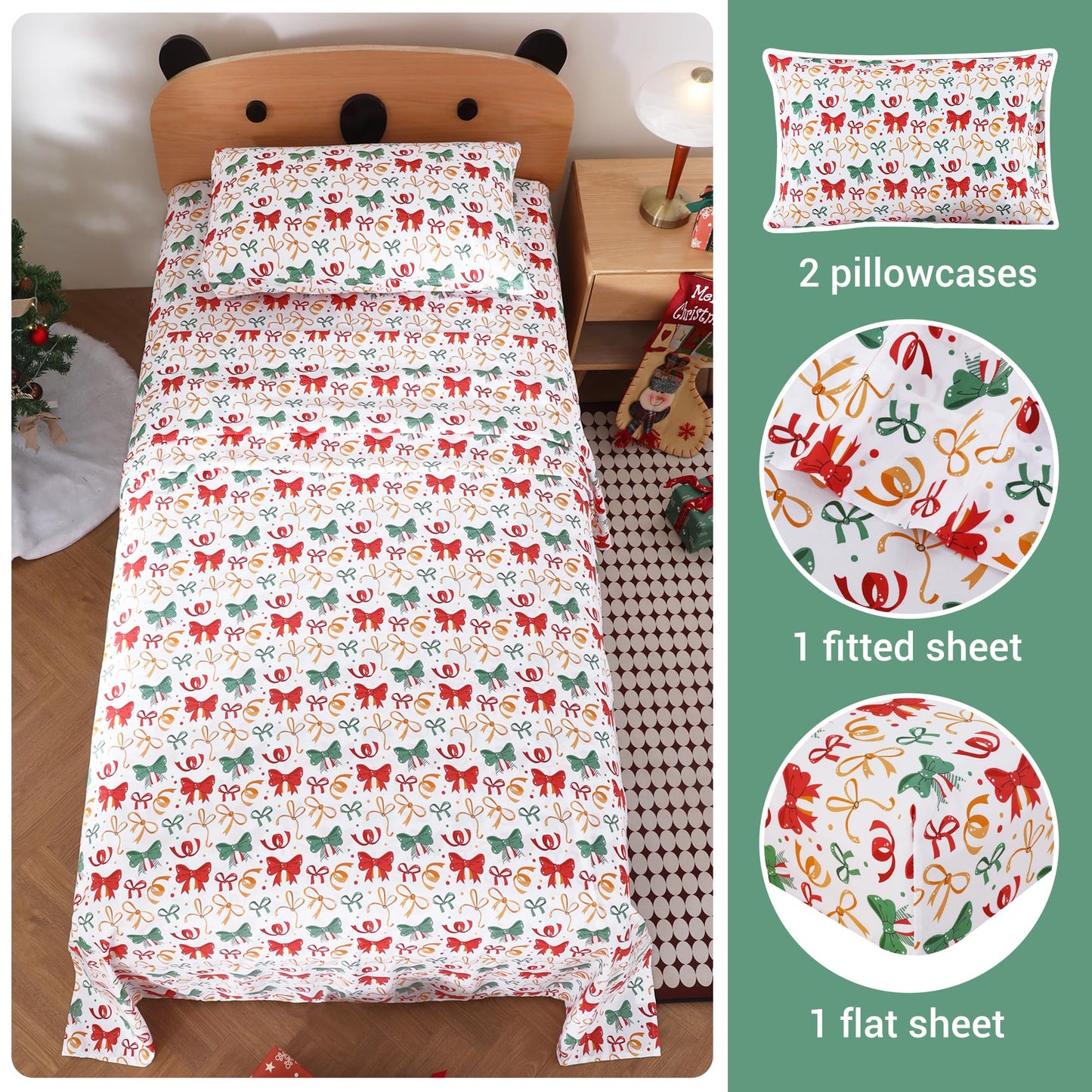 Softan Kids Bed Sheet Set, Boys/Girls Full Size Sheets, Microfiber Kids Fitted Sheet and Pillowcase, Breathable and Silky Soft, 4 Piece Christmas Bowknot Printed Full Bed Sheet