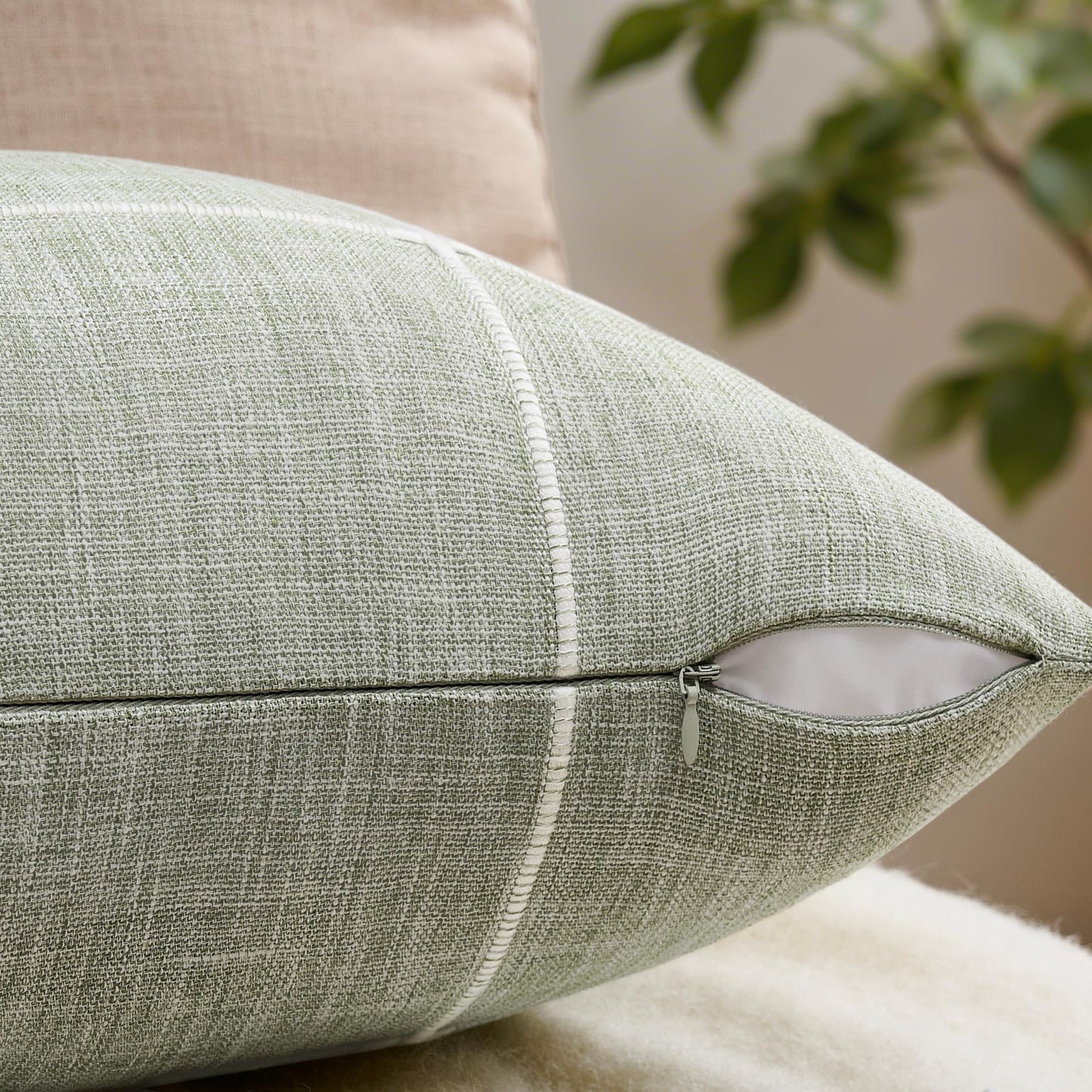 YZJZEDS 2 Packs Grid Embroidery Throw Pillow Covers, 18x18 Inch Light Sage Green, Farmhouse Linen Decorative Light Green Cushion Covers for Sofa Bed Living Room Home Decor