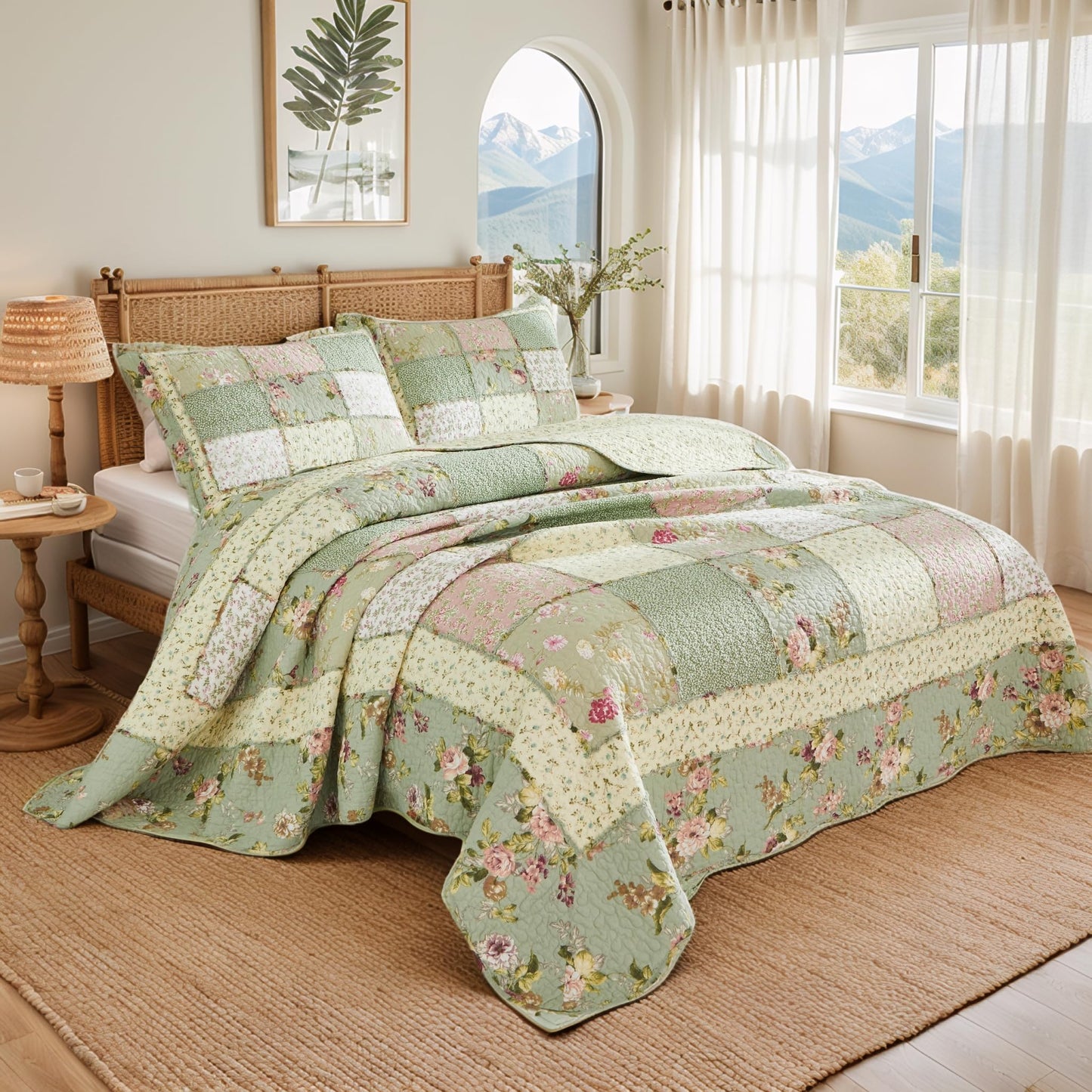 Brandream King Size Quilt Set Cotton Patchwork Quilts Green Rose Floral Quilted Comforter Set Country Rustic Coverlet Set 3-Piece