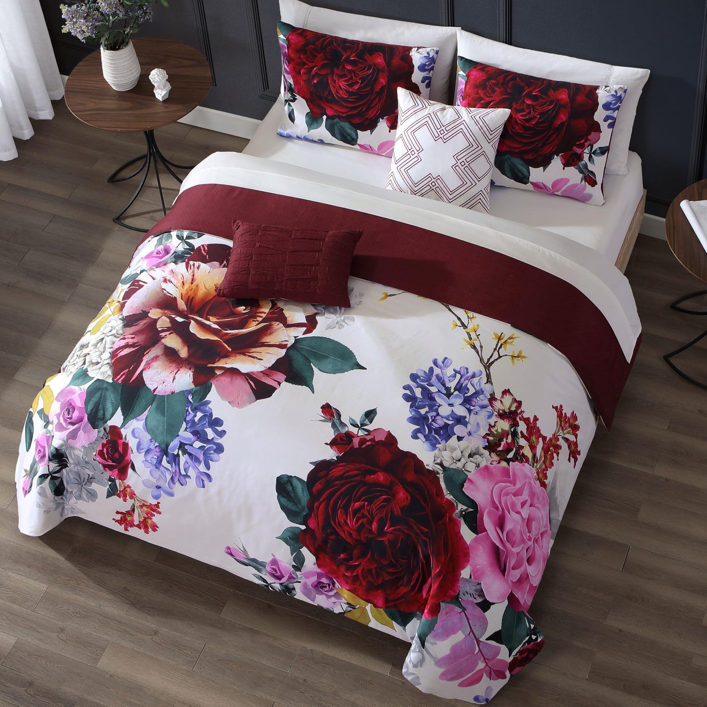 Bebejan Magenta Floral 5 Piece Comforter Set, 100% Cotton Sateen, 220 Thread Count, Red Reversible Bedding Comforter Set, 1 Comforter, 2 Shams & 2 Pillows (King/Cal King)