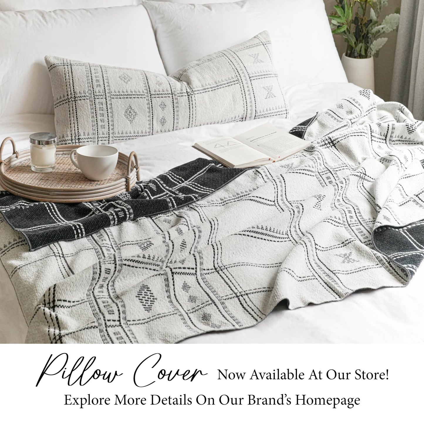 BlissBlush White Black Boho Throw Blanket, Warm Soft Comfy Chenille 55x65, Textured Dual Sided Reversible Blanket for Couch Bed, Skin Friendly