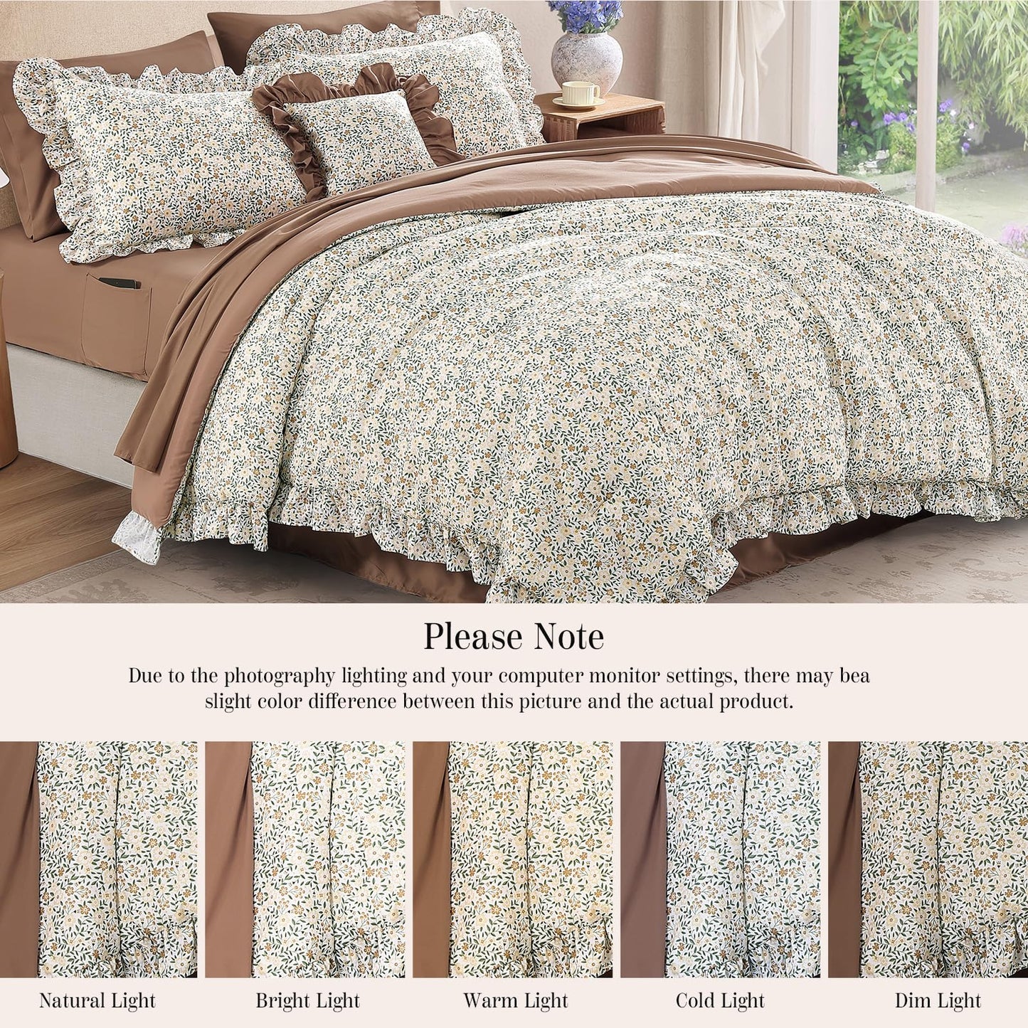 BLOOMHAVEN Queen Comforter Set - 7 Pieces Ruffle Beige Ditzy Bedding Sets, Shabby Chic Farmhouse Bed in a Bag Queen with Floral Comforter,Sheets, Pillowcases & Shams