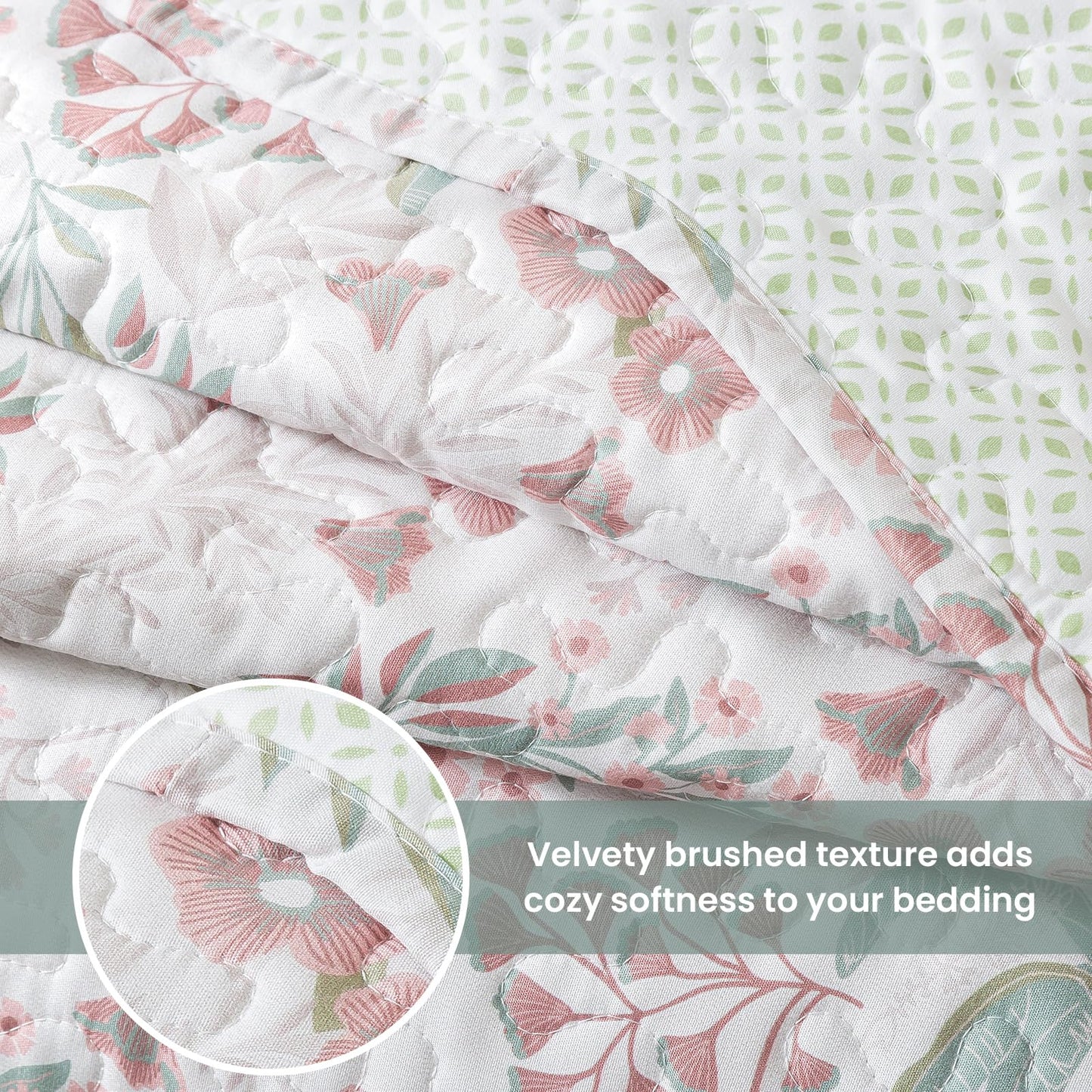 Etwel Lightweight Queen Size Quilt Set - Breathable Reversible Cotton Bedspread for Hot Sleepers, Farmhouse Floral Bedding Set with 2 Pillow Shams for All Season (90"x98", Green Botanical Floral)