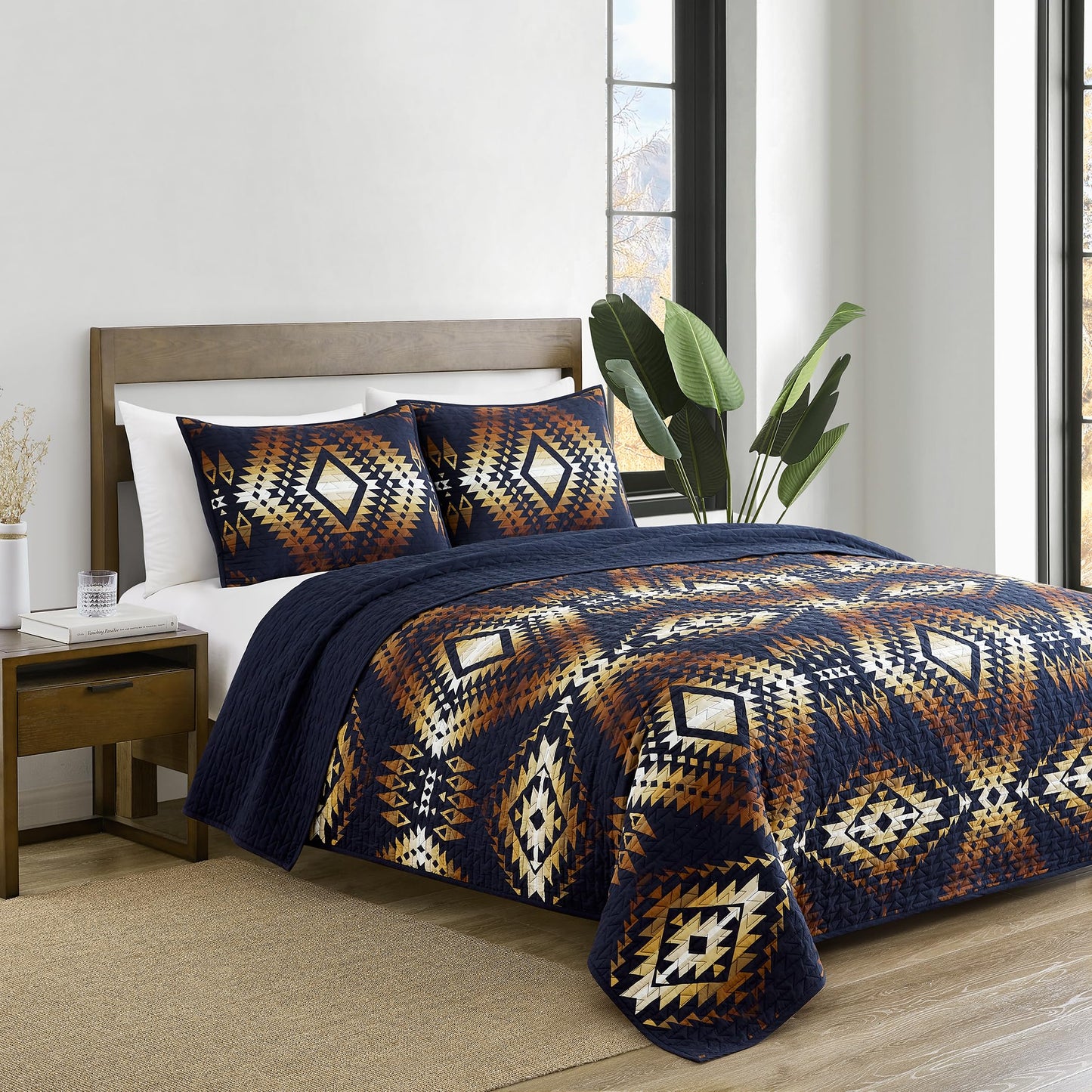 Pendleton Full/Queen Quilt Set – 100% Cotton 3 Piece Quilt Set with Shams, Soft Lightweight Bedding for Queen Size Bed, Navy Blue & Gold Comforter Alternative, Queen Bedding Set (Mission Trails)