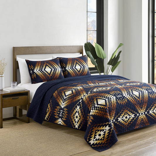 Pendleton Full/Queen Quilt Set – 100% Cotton 3 Piece Quilt Set with Shams, Soft Lightweight Bedding for Queen Size Bed, Navy Blue & Gold Comforter Alternative, Queen Bedding Set (Mission Trails)
