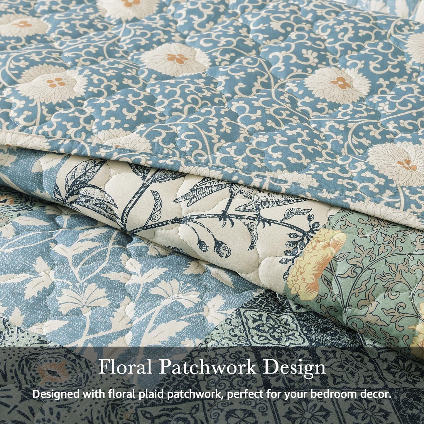 CASAAGUSTO Queen Quilt Set - 3 Pieces Patchwork Green Quilt Bedding Set, Lightweight Queen Bedspread Coverlet, Reversible Floral Bed Cover for All Seasons (90"x94", 1 Quilt + 2 Pillow Shams)