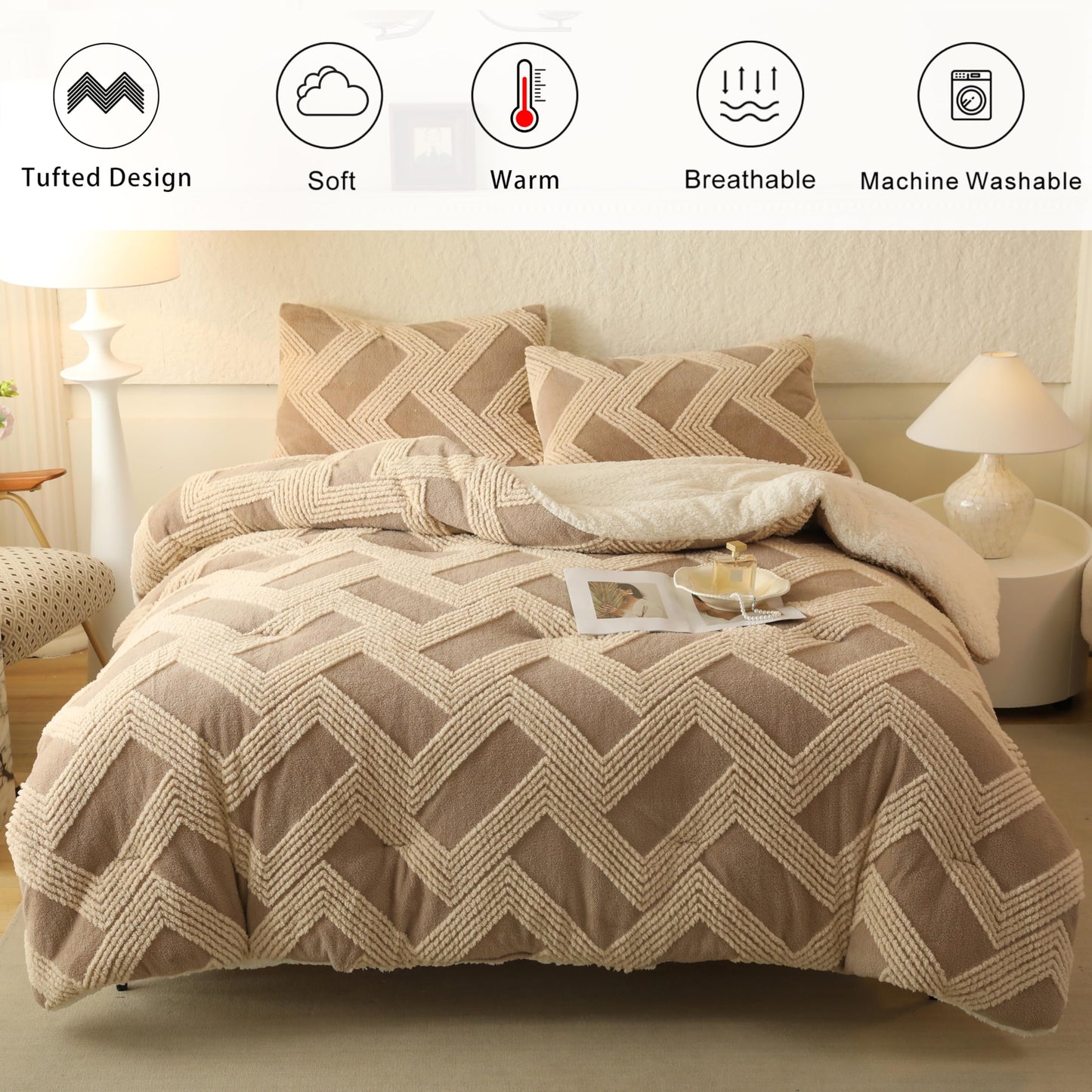 tohrisa Tufted Boho Comforter Set King - Beige Fluffy Sherpa Bedding Set, Soft Fuzzy Jacquard Quilt Set, 3 Pieces Cozy Bed Set Warm Comforter for Winter(104"X90")