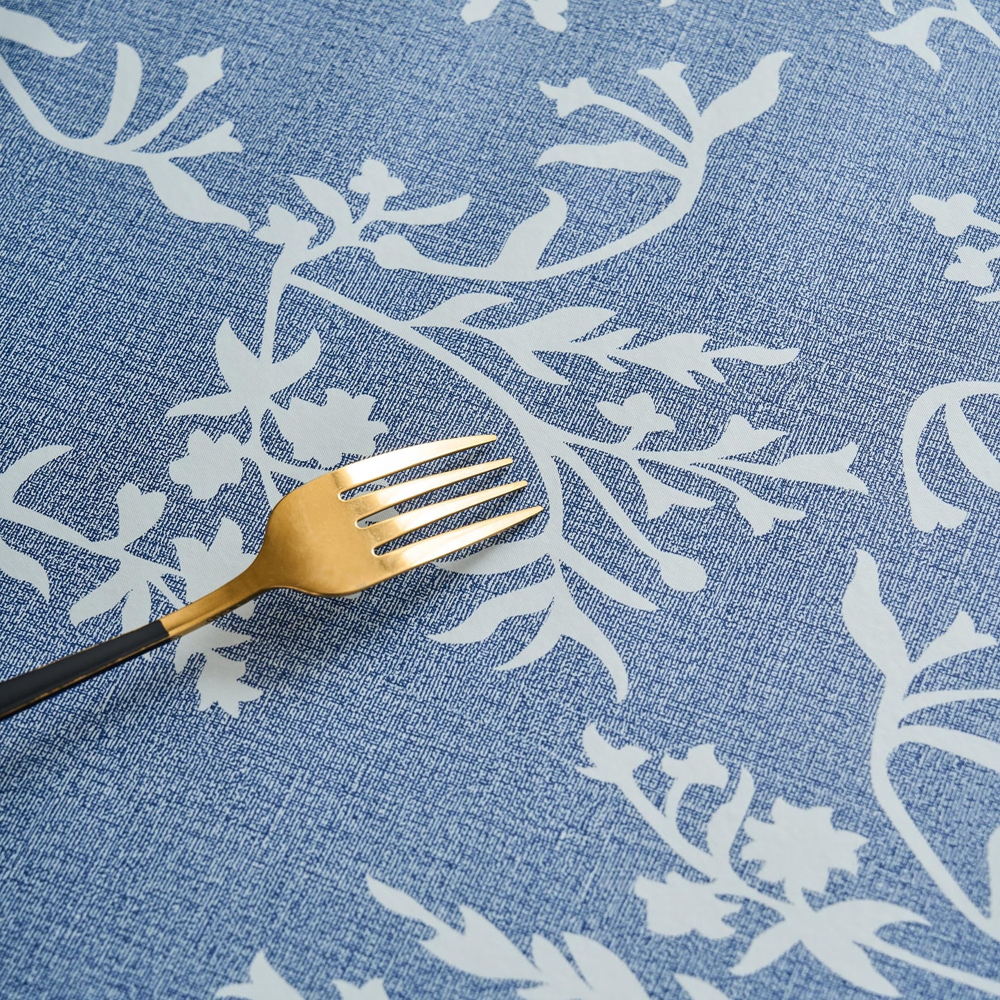 LIBERECOO Vinyl Tablecloth with Flannel Backing –Indigo Botanical Charm, Waterproof, Wipeable, Durable Table Cover – 4 Colors