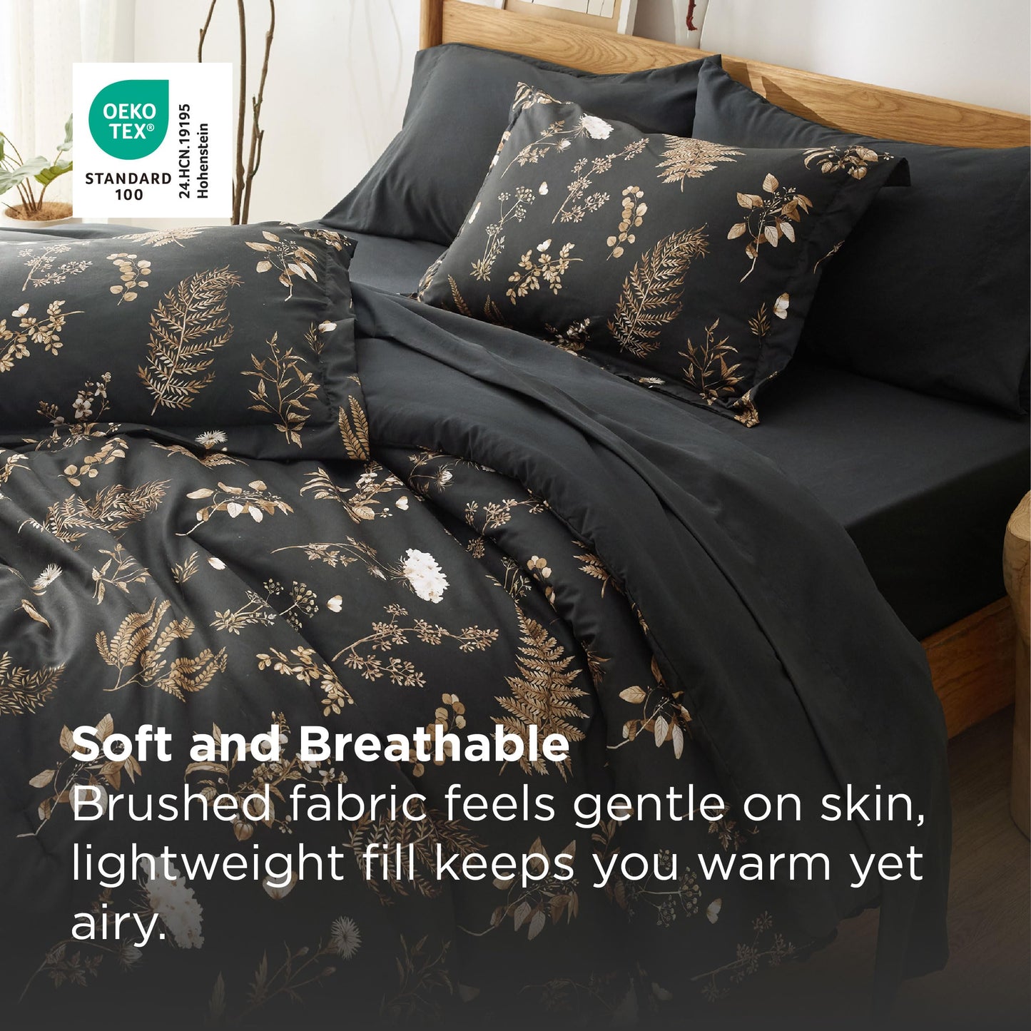 Bedsure Black Queen Comforter Set - 7 Pieces Floral Bedding Sets Queen Bed in a Bag with Reversible Botanical Flowers Comforter, Sheets, Pillowcases & Shams