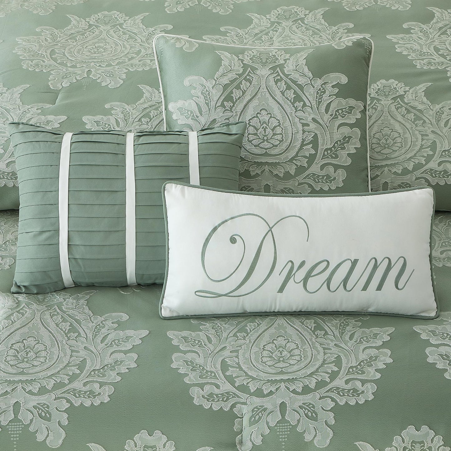 LANCO MODERN LIFESTYLE Sage Queen Comforter Set 7 Pieces, Jacquard Woven with Damask, Bedding Set in a Bag Includes Comforter, Bed Skirt, Pillow Shams, and Decorative Pillows