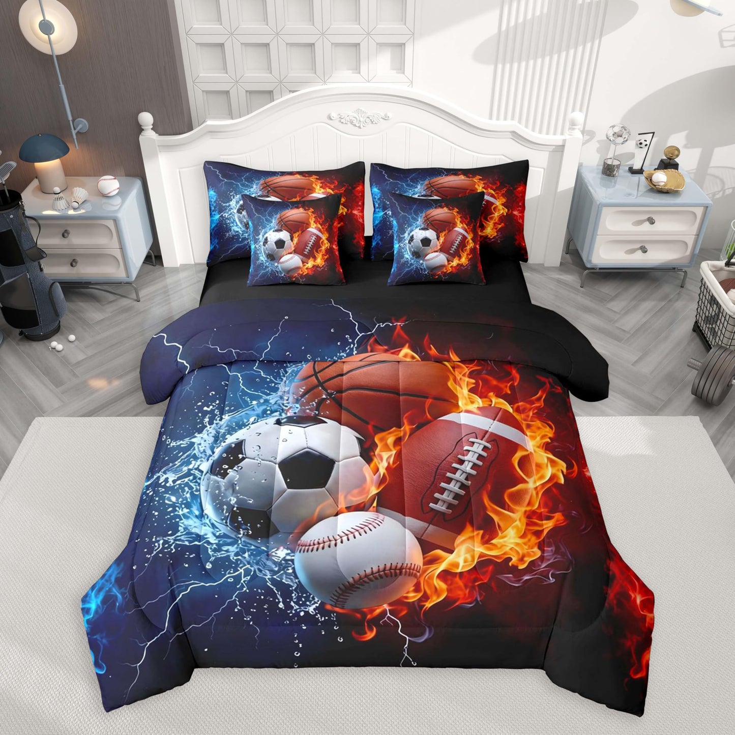 Feelyou Boys Sports Comforter Set with Sheets 7 Piece Twin Size Football Baseball Soccer Bed in a Bag Kids Boys Girls Basketball Bedding Set Ball Game Sports Bedroom Decor Breathable Soft Microfiber