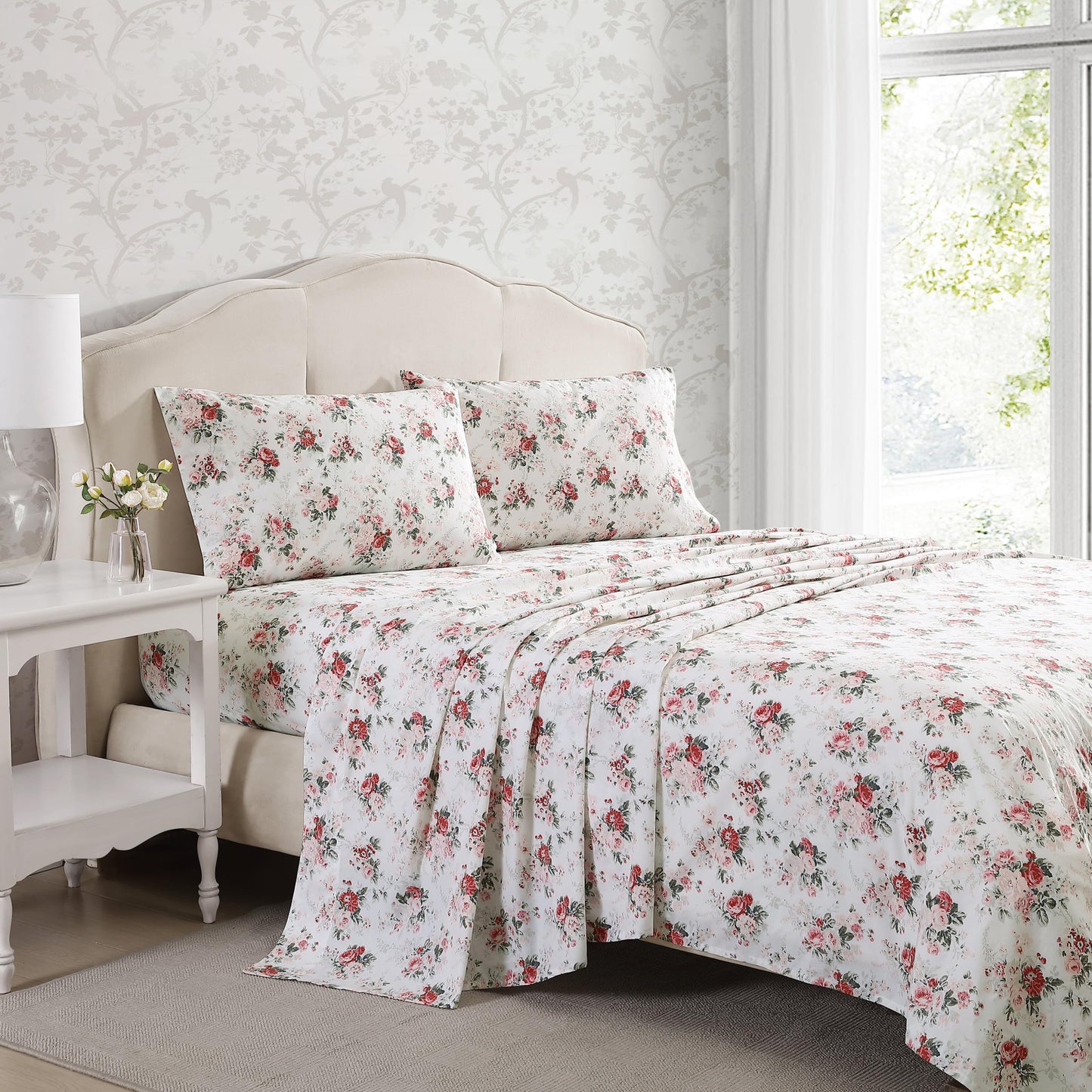 Laura Ashley – Twin Size Sheet Set, Crisp & Lightweight Cotton Percale Bedding with Fitted Sheet and Pillowcase, Floral Room Decor, Deep Pocket, College Dorm Room Essentials (Ashfield Pink)