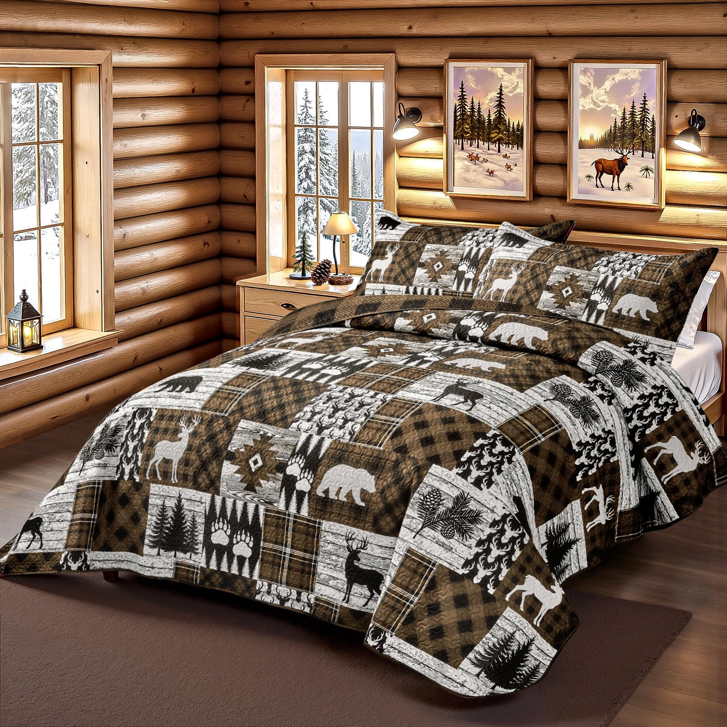 3 Piece Cabin Full/Queen Quilt Sets Farmhouse Rustic Reversible Microfiber Soft Lightweight Bedspread Coverlet with 2 Shams Patchwork Country Lodge Bedding Quilts Set for All Season, 90''x96'', Brown