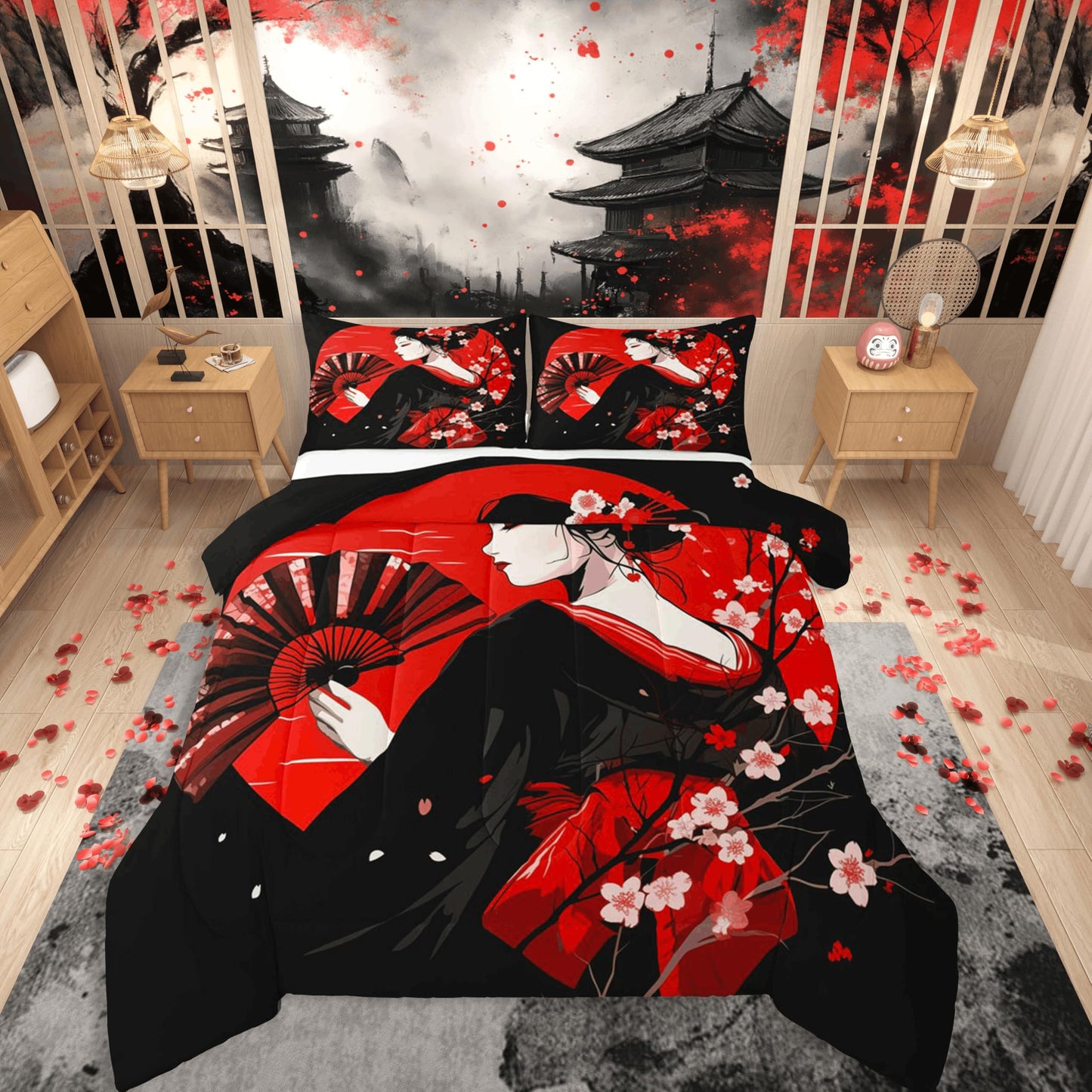 jejeloiu Japanese Geisha Comforter Set Queen Size Cherry Blossom Bedding Set for Kids Boys Girls Red Sun Duvet Quilt Japanese Ukiyoe Bedroom Decor Microfiber 3 Pcs with 2 Pillow Cases