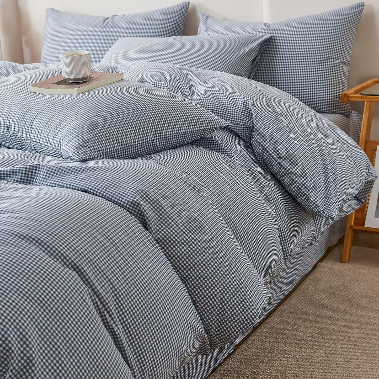 AMZTOP Soft Cotton King Size Duvet Cover Set 3 Pcs,1 Duvet Cover and 2 Pillowcases,100% Washed Cotton Blue Gingham Design Bed Set,Zipper Closure Comforter Covers King Size 104"×90"