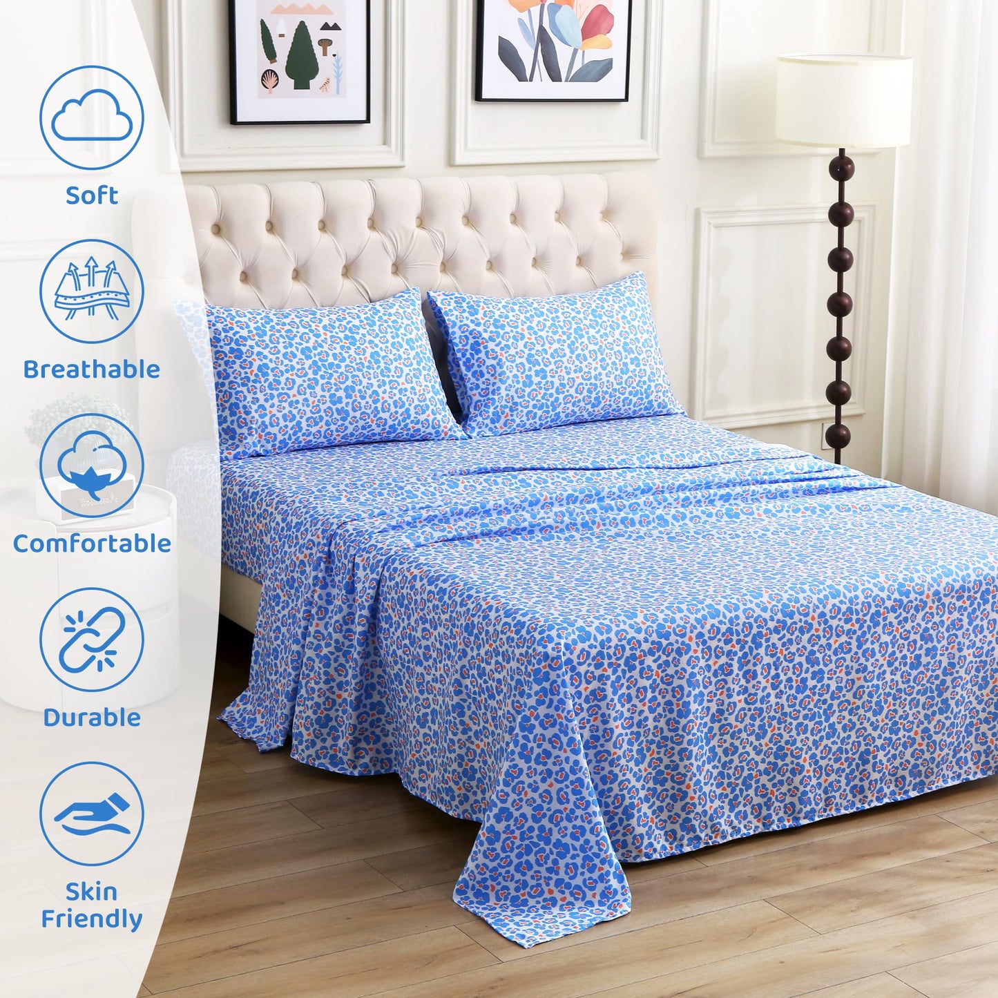 Mooreeke Leopard Cheetah Printed Queen Bed Sheets, Soft Microfiber Bedding Sheets & Pillowcases, Deep Pocket Non-Slip Fitted Queen Sheet, Blue Animal Pattern Bedsheets