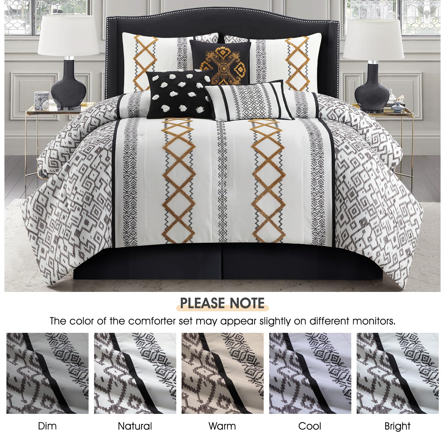 LANCO MODERN LIFESTYLE Black Gold Queen Comforter Set, 15 Pieces All Season Bedding Set with Geometric Terry Embroidered with Sheets, Bedskirt, Pillow Shams and Cases, Decorative Pillows and Curtains