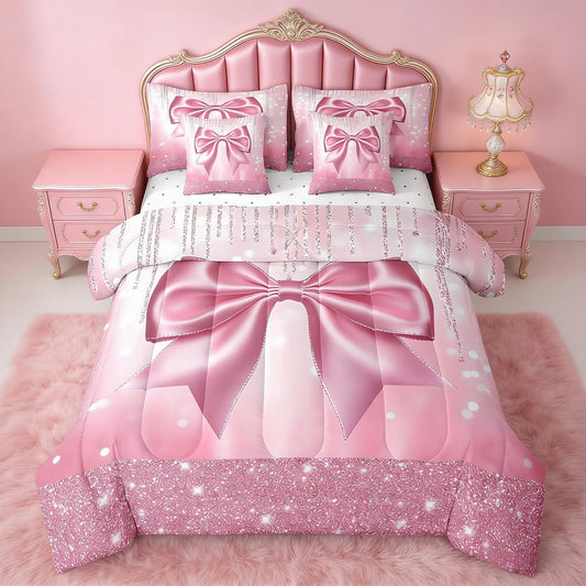 Feelyou Kids Pink Bowknot 7 Pieces Bedding Set Twin Size, Dreamy Princess Comforter Set with Sheets Boys Girls Glitter Bed in A Bag Watercolor Bow Teens Bed Set Bedroom Decor 7Pcs