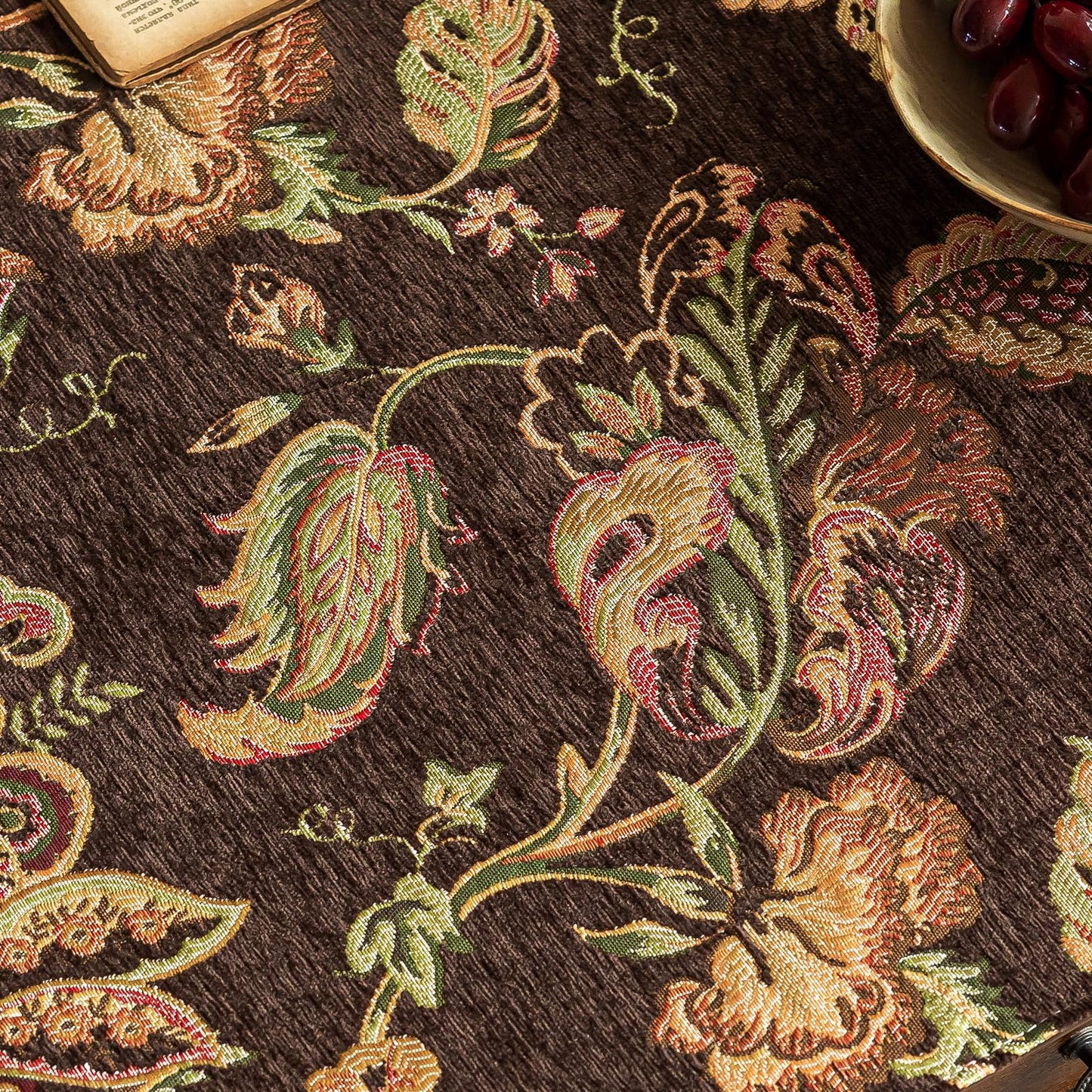 KEEMIR French Country Coffee Table Cover - Hand Embroidered Tropical Floral Chenille Non-Slip Rectangle Table Cloth for Living Room(Palmera Brown,63" L x 23.7" W)
