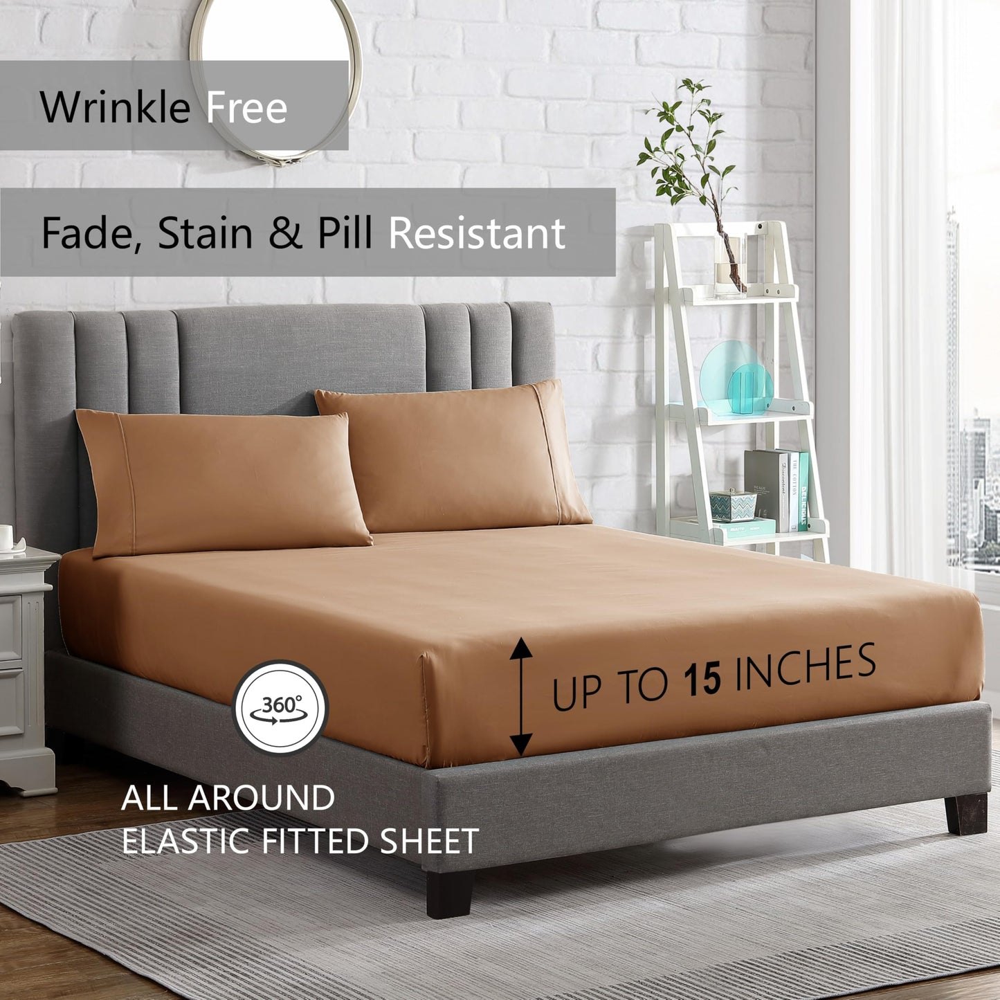 American Home Collection Full Size Sheet Set - Ultra-Soft Microfiber 15-Inch Deep Pocket - Wrinkle Free and Fade Resistant (Tan)