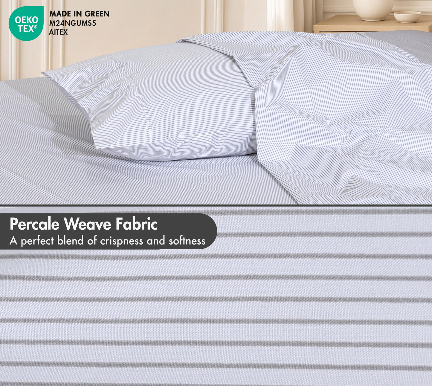 RUVANTI 100% Cotton Percale Sheets Full Size – Crisp Cooling Bed Sheets for Hot Sleepers, Deep Pocket 16”, Soft Breathable & Durable Hotel-Style 4 Piece Set, Grey Pinn Stripe