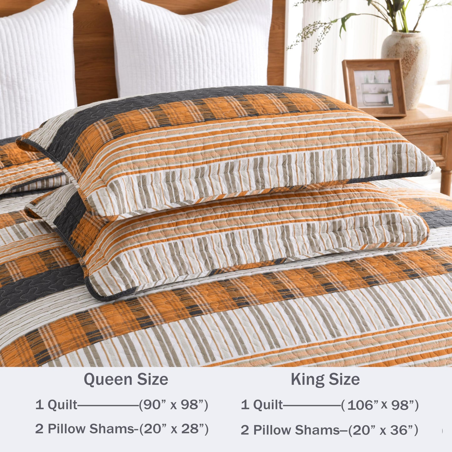 Homzard 100% Cotton King Size QuiltSet,Lightweight Striped Plaid Orange Black Quilts Bedspread Set,Farmhouse Neutral Bedding Comforter Set 3 Pieces Bed Set King