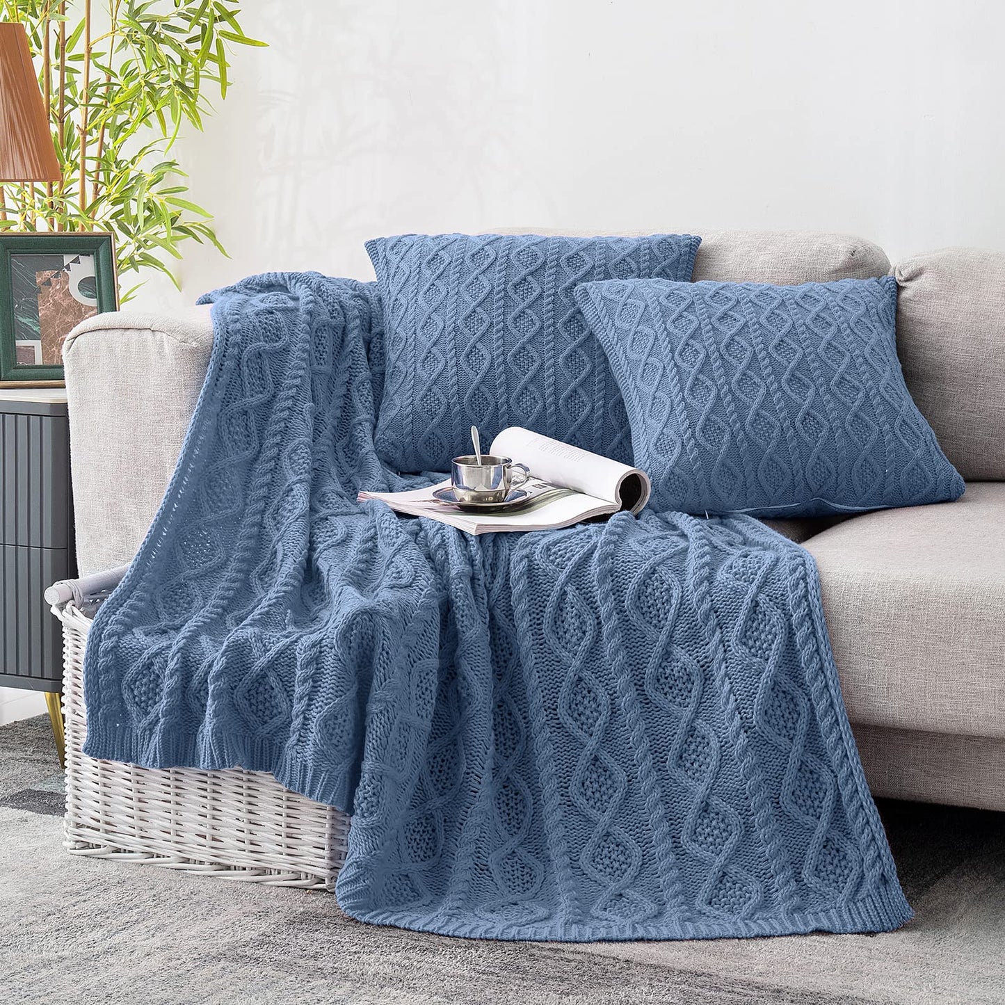 Homiest Dusty Blue Cable Knit Throw, 60 x 80 Inch, Lightweight Acrylic Knitted Blanket with Diamond Texture, Soft & Cozy for Couch, Bed, Sofa