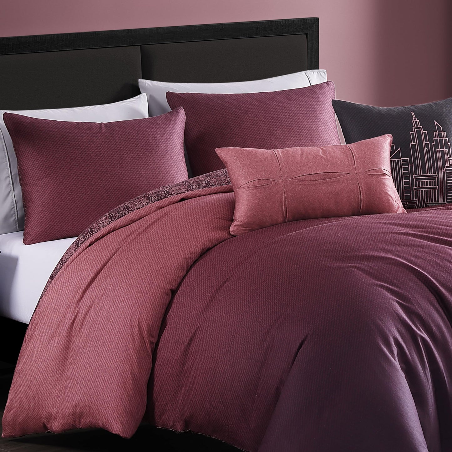 Bebejan Mauve Dreams 5 Piece Comforter Set, 100% Cotton Sateen, 220 Thread Count, Textured Reversible Bedding Comforter Set, 1 Comforter, 2 Shams & 2 Pillows (King/Cal King)