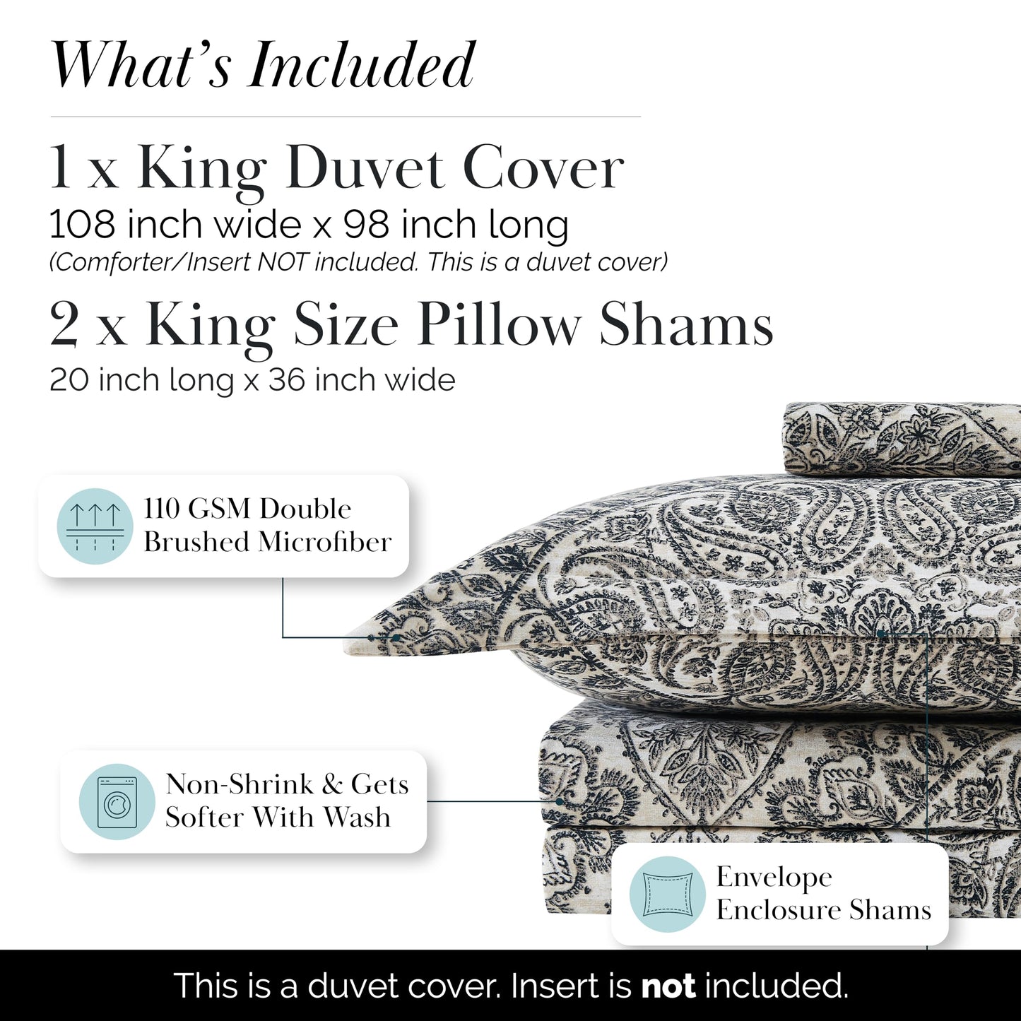 Southshore Fine Living, Inc. Oversized King Duvet Cover Paisley Set – Boho Duvet Cover Cal King with 2 Shams, Zipper Closure, Corner Ties, Easy Care Microfiber, Neutral Bohemian Bedding – Ashanti Grey