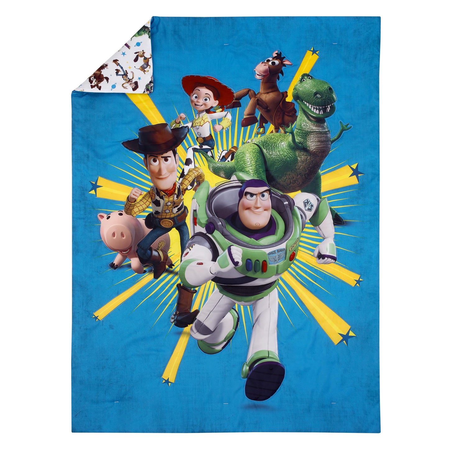 NoJo Disney Toy Story Taking Action Blue, Green and Yellow 4 Piece Toddler Bed Set - Comforter, Fitted Bottom Sheet, Flat Top Sheet, and Reversible Pillowcase