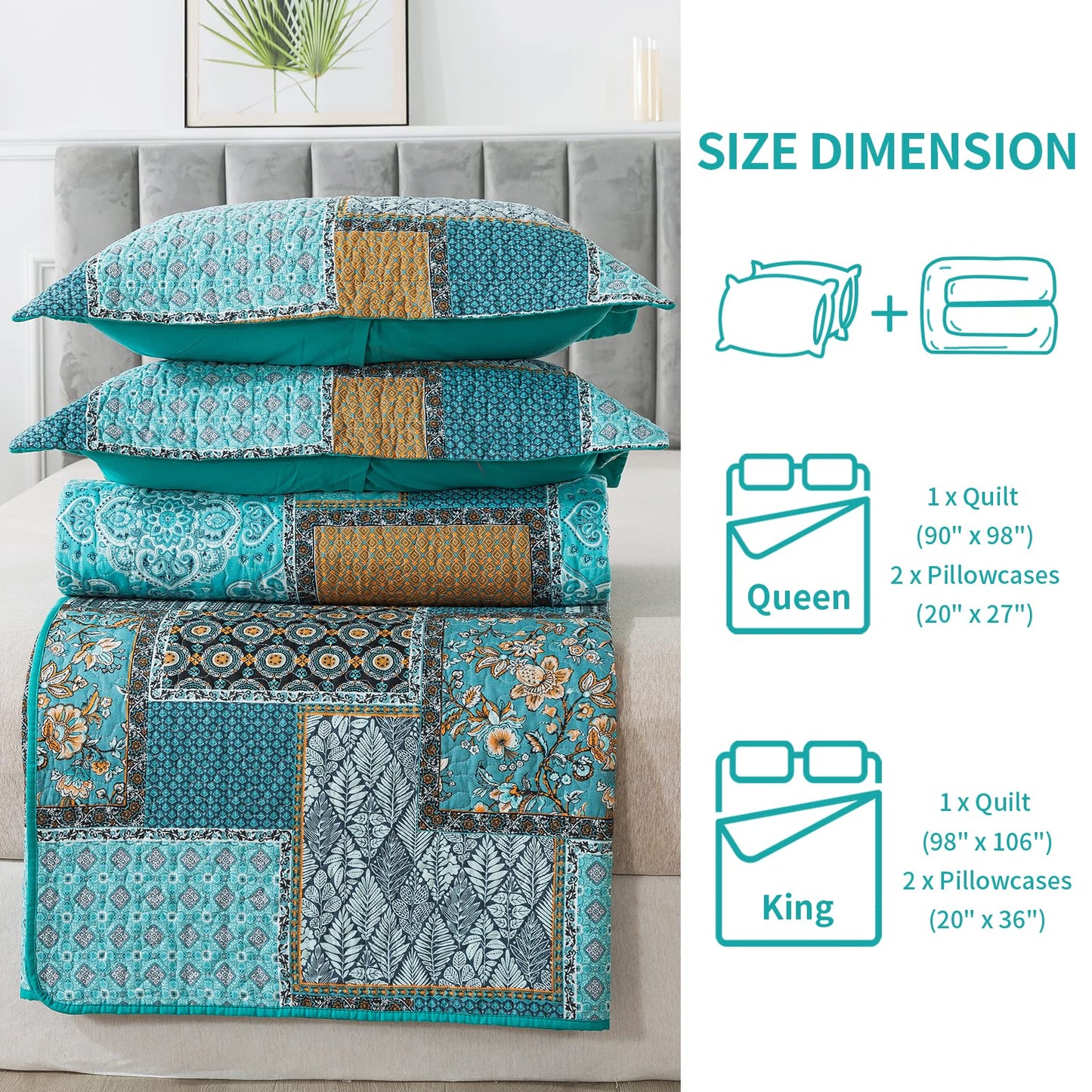 BEDIFANY 3 Pieces Cotton King Size Quilt Sets, King Bedspread Lightweight Quilted Reversible Coverlets Farmhouse Quilt Bedding Sets Boho King Quilt Set for Bed Decorations for All Seasons