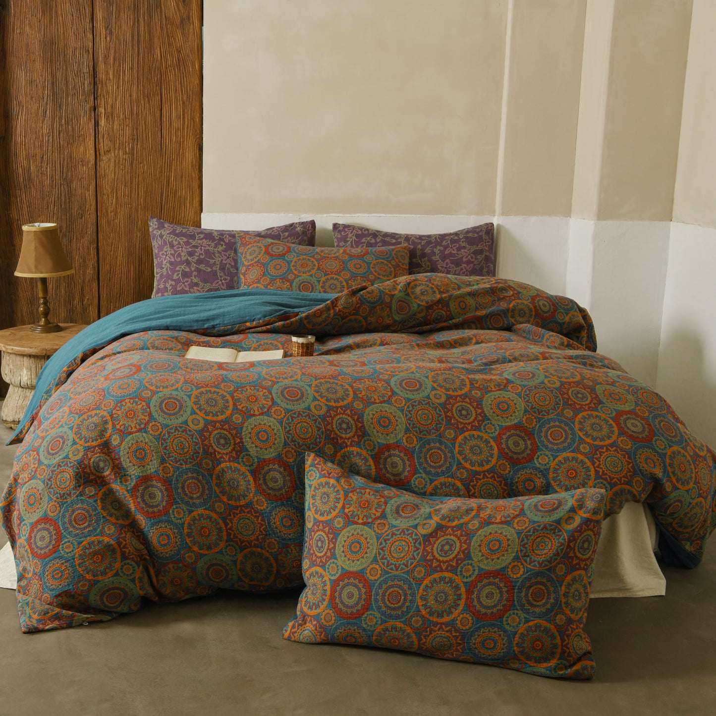 BISELINA 100% Cotton Muslin Duvet Cover Set Queen, 3 Pcs Yarn-Dyed Jacquard Textured Vintage Kabyle Pattern, Soft and Breathable Bedding Set with Zipper Closure, Kabyle Blue Orange