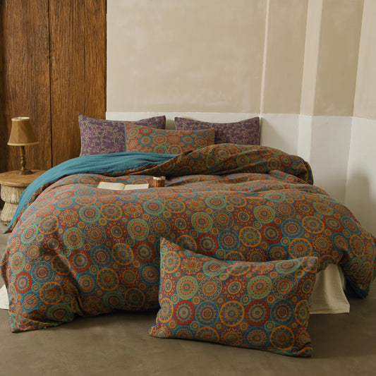 BISELINA 100% Cotton Muslin Duvet Cover Set Queen, 3 Pcs Yarn-Dyed Jacquard Textured Vintage Kabyle Pattern, Soft and Breathable Bedding Set with Zipper Closure, Kabyle Blue Orange