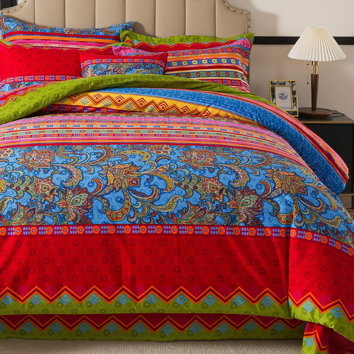 FADFAY Ethnic Boho Duvet Cover Set King/California King 100% Brushed Cotton Soft Bohemian Bedding Paisley Exotic Colorful Printed Bedding Reversible Zipper Bed Comforter Cover + 2 Pillowshams, 3Pcs