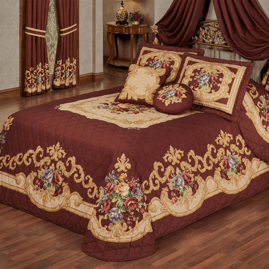 Savonnerie King 3 Pc Bedspread Set | Oversized with 24" Drop | Classic Aubusson Scrollwork & Floral Bouquet Design | Cordovan Brushed Microfiber | Quilted, Machine Washable - Includes 2 King Shams