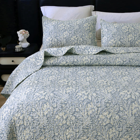 DURLENGEN Botanical Quilt Set King Size 3Pcs, Bluish Grey Printed with Beige Leaves Pattern,Soft Polyester Lightweight Bedspread for All Season Layering(King 106x96,Beige Botanical)
