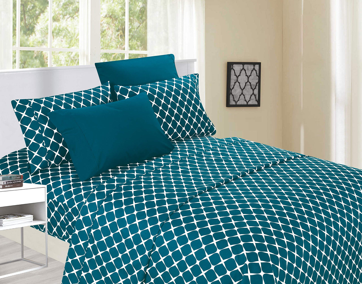 Elegant Comfort Luxury Softest and Coziest 6-Piece Bed Sheet Set, Wrinkle Resistant Milano Trellis Pattern-1500 Thread Count Egyptian Quality Microfiber Bedding Set, Queen, Teal