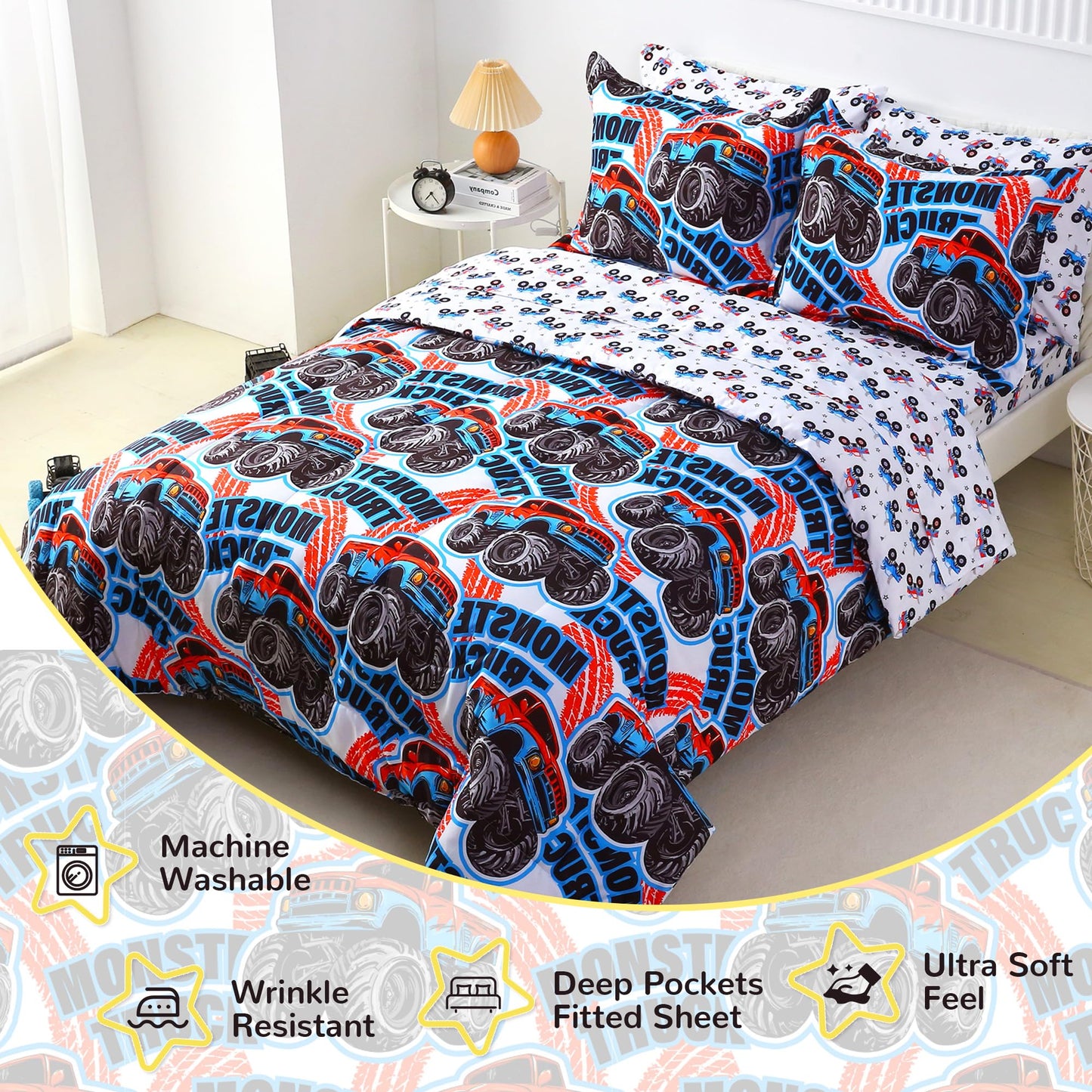 Viviland Kids Twin Bedding Sets for Boys, Soft Twin Comforter Set with Sheets, 5 Pieces Microfiber Bed in a Bag, Monster Truck