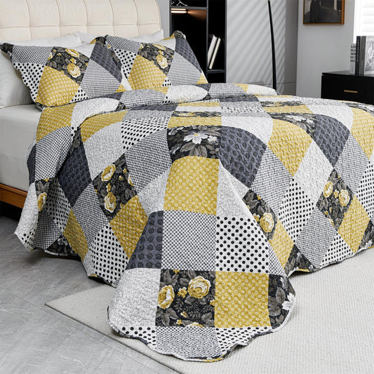 Cmfshape Summer Floral Queen Bedspread,Romantic Khaki Quilt Set Full,Reversible Stitched Bedding Set All Season,Soft Lightweight Coverlet with Pillow Cases (Khaki&Dark, Queen90 x90)