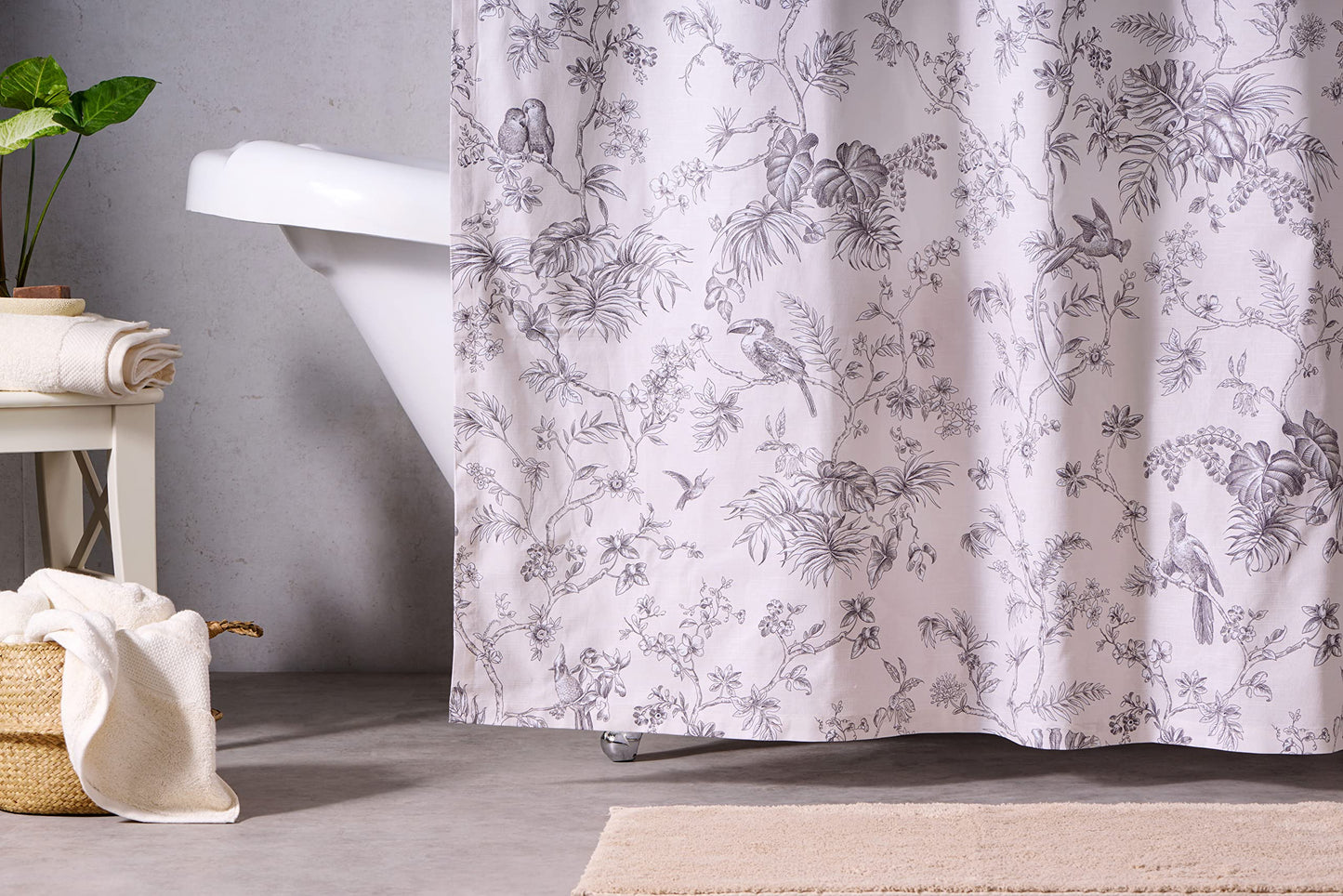 Maison d' Hermine Shower Curtain 100% Cotton One Panel 70"x72" Washable Fabric Shower Curtains for Bathroom, Easy Hanging with 12 Button Holes - Home Hotel Resort Spring Summer - Jouy Paradise - Grey