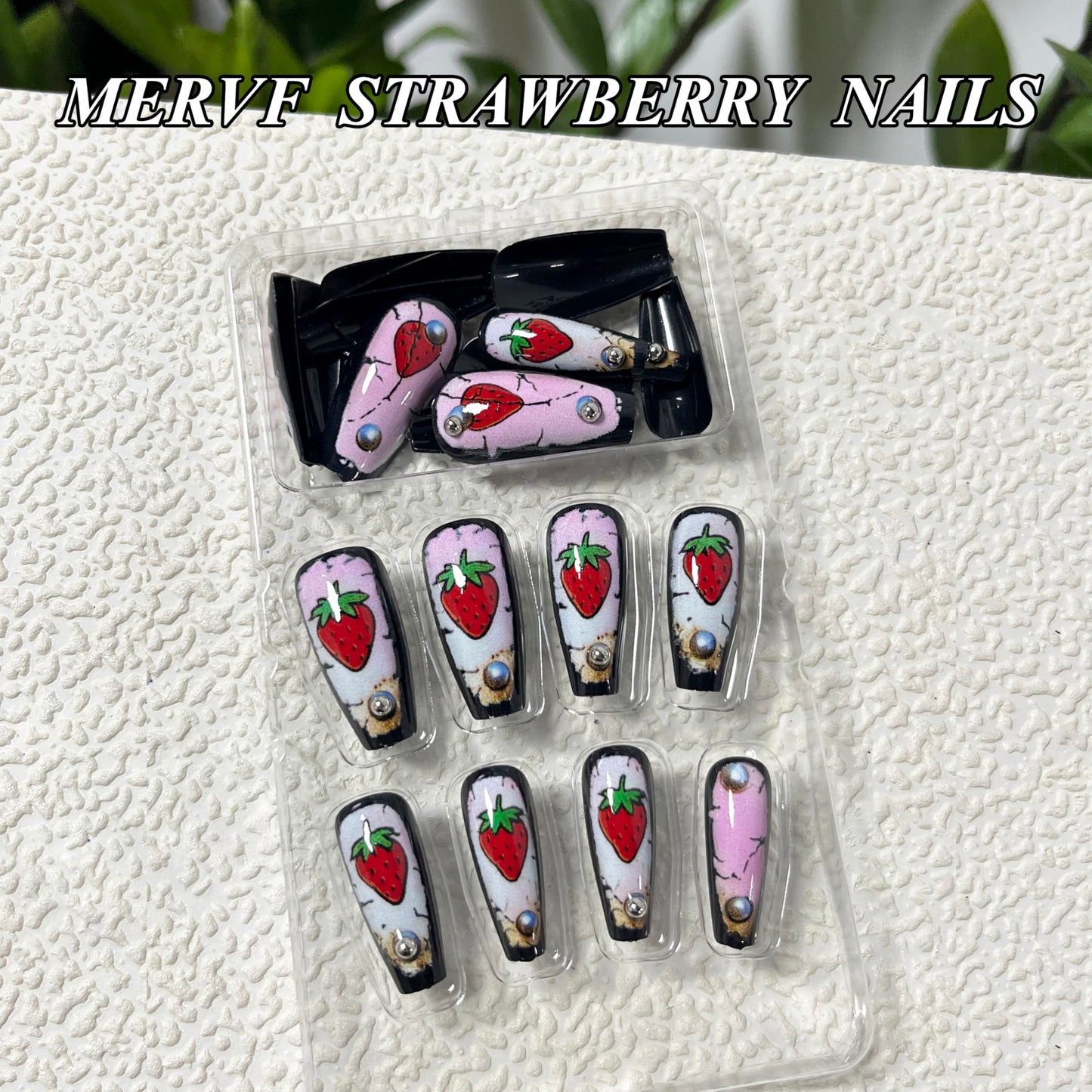 MERVF Long Press on Nails Coffin - Strawberry Fake Acrylic Glue ons, Pink Aura Design 24pcs Glossy Finish