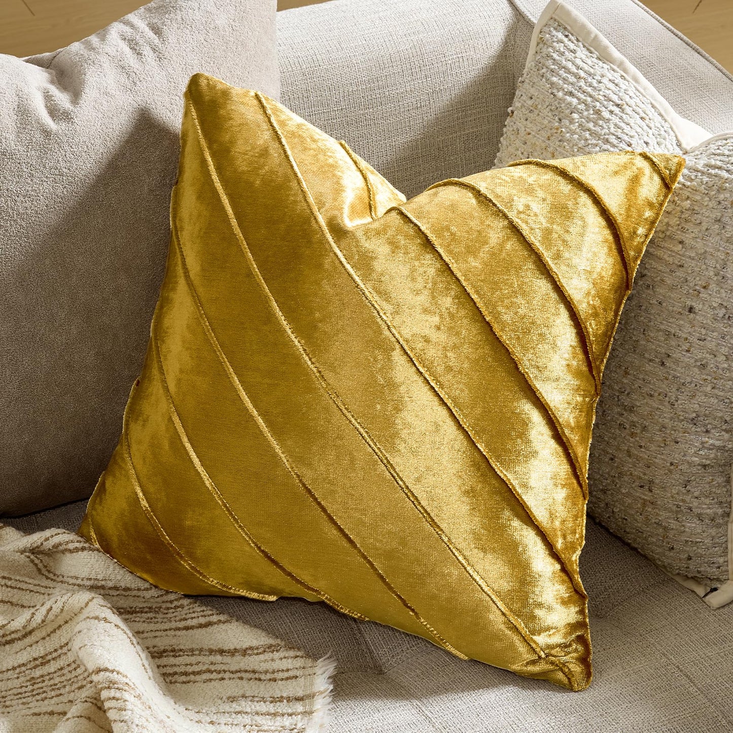 GIGIZAZA Decorative Velvet Pillow Covers 18x18, Set of 2 Gold Sofa Couch Throw Pillows Covers Cases, Living Room Square Cushion Accent Stripe Covers