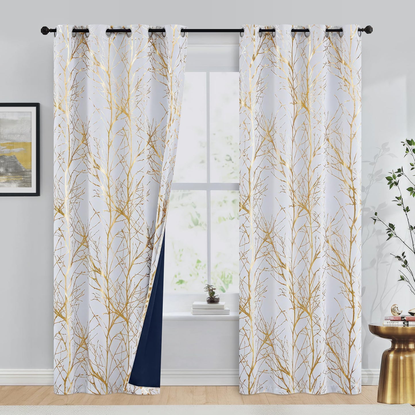 FMFUNCTEX 100% Blackout Curtains White Gold Tree for Living Room, Curtains 84 Inches Long Foil Branch Patterned Panels for Bedroom, Thermal Insulated Drapes for Home Office Grommet Top 2 Panels