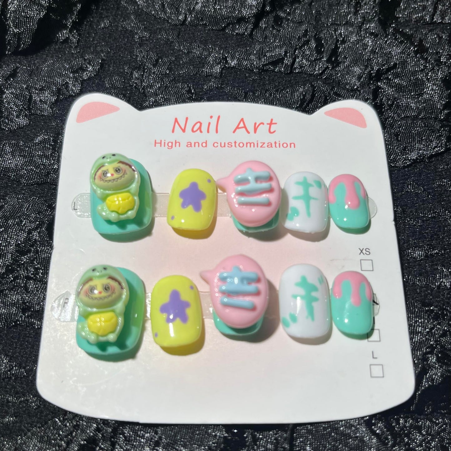 Short Press on Nails Handmade Nails 10Pcs GREEN BUBU Cute Manual Press on Nails for Women Party Holiday Photo 25mm Long Size S
