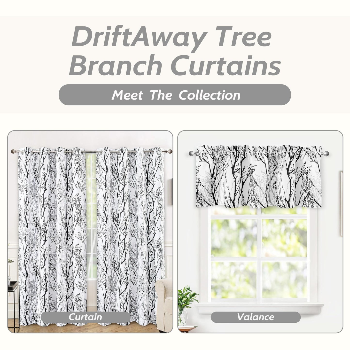 DriftAway Tree Branch Lined Valance Double Layer Blackout Thermal Insulated Abstract Ink Printing Window Curtain Valance Rod Pocket 52 Inch by 14 Inch Plus 2 Inch Header Black White 1 Pack