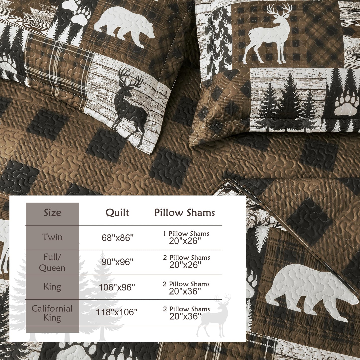 3 Piece Cabin Full/Queen Quilt Sets Farmhouse Rustic Reversible Microfiber Soft Lightweight Bedspread Coverlet with 2 Shams Patchwork Country Lodge Bedding Quilts Set for All Season, 90''x96'', Brown
