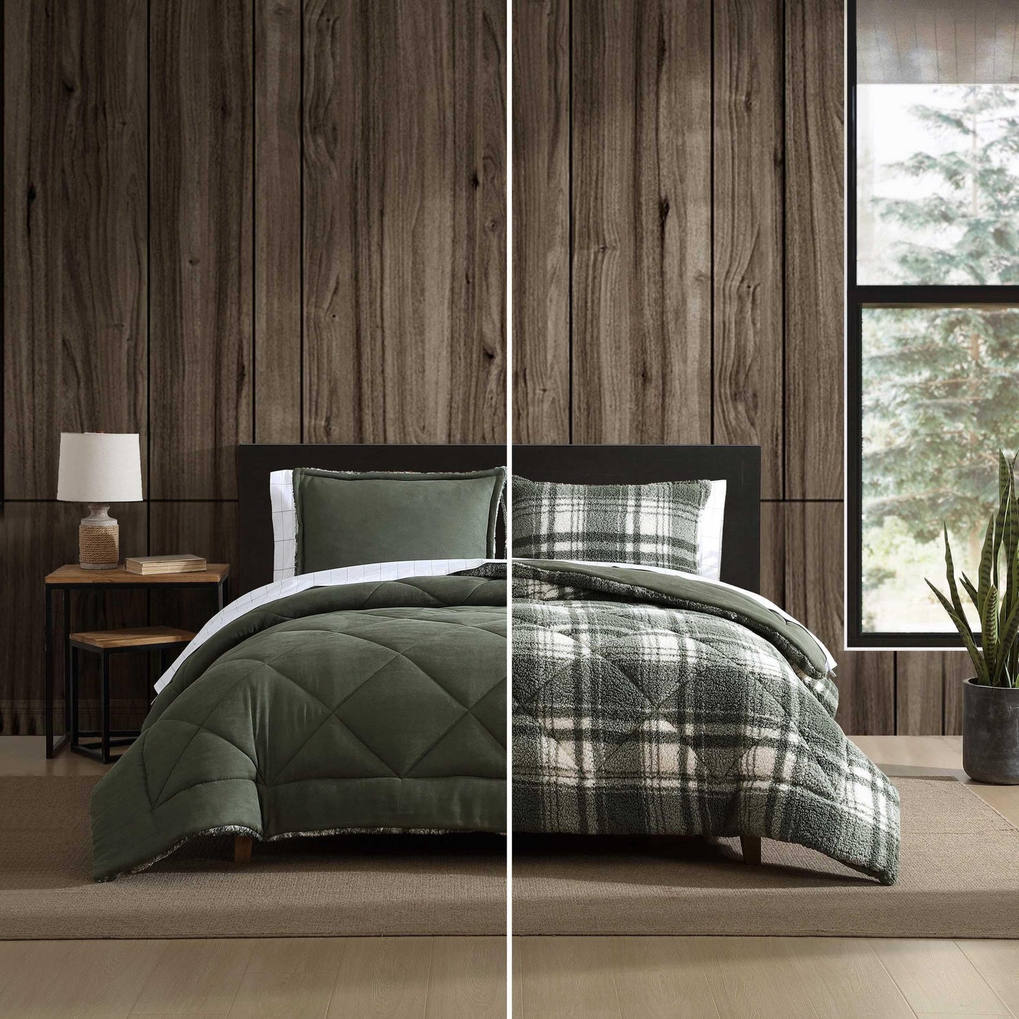 Eddie Bauer - Queen Comforter Set, Microsuede Bedding with Soft Plush Faux Shearling Reverse, 3 Piece Bed Set with Matching Pillowcases (Big Lake Plaid Green)